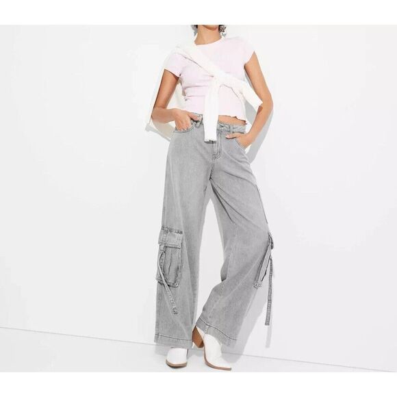 Women's Mid-Rise Wide Leg Cargo Baggy Pants (Size 12) GRAY WASH - NEW!!! - Picture 1 of 8